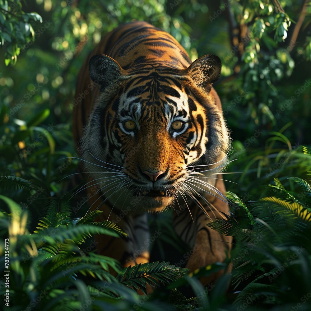 Fototapeta premium Capture the fierce tiger in CG 3D rendering, its eyes gleaming with intensity as it prowls through lush green foliage at dusk, creating a mesmerizing panoramic wallpaper