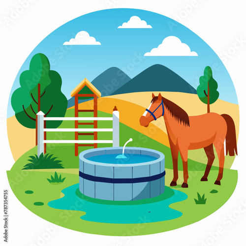 Fototapeta Naklejka Na Ścianę i Meble -  water-trough-of-farms--with-an-horse-drinking-on-i