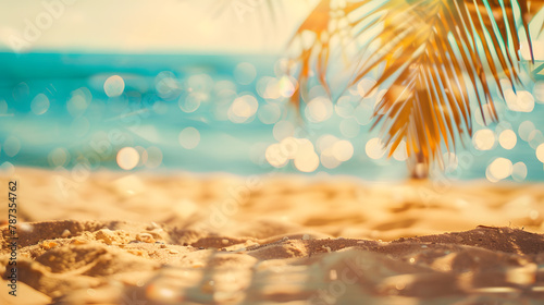 Blur tropical beach with bokeh sun light wave abstract background Copy space of outdoor summer vacation and travel adventure concept Vintage tone filter effect color styleSun and Beach   Generative AI