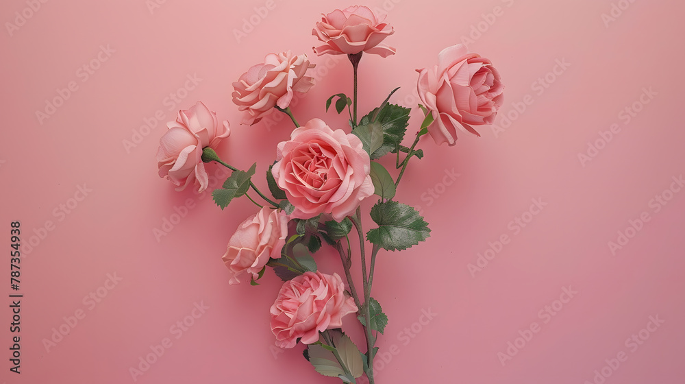 Romantic holiday flat lay March 8 Womens Day Valentines Day preparation greeting card mock up Gently pink pastel rose flowers bouquet on pink background top view copy space : Generative AI Romantic holiday flat lay March 8 Womens Day Valentines Day preparation greeting card mock up Gently pink pastel rose flowers bouquet on pink background top view copy space : Generative AI