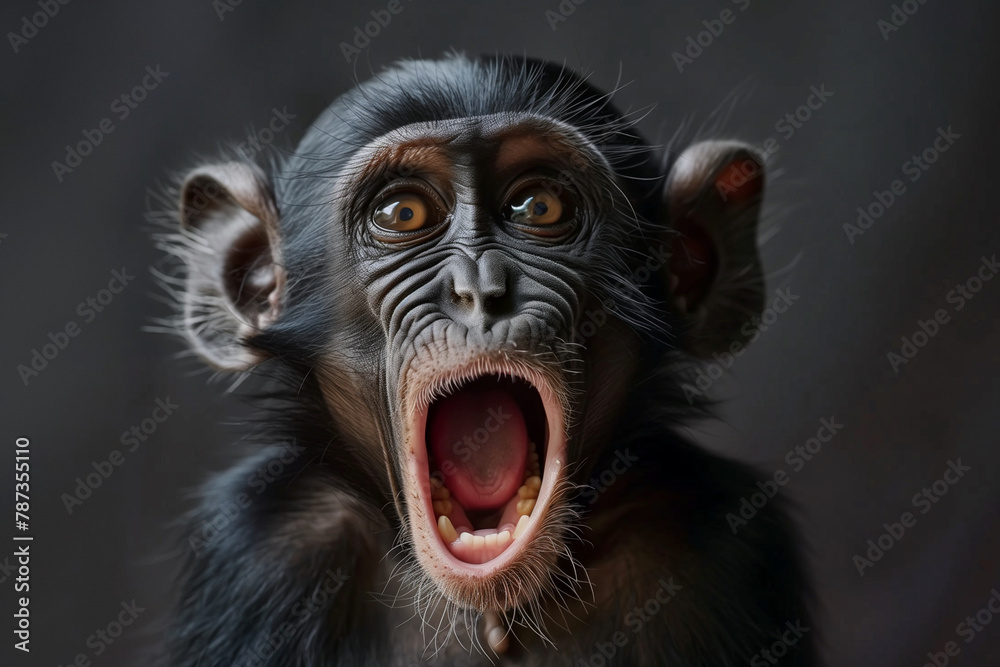 A baby monkey with its mouth wide open. Concept of surprise and ...