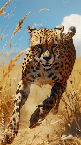 Capture the sleek cheetahs dynamic movement in CG 3D rendering, emphasizing speed and grace against the vast savannah background, with vibrant colors and realistic textures