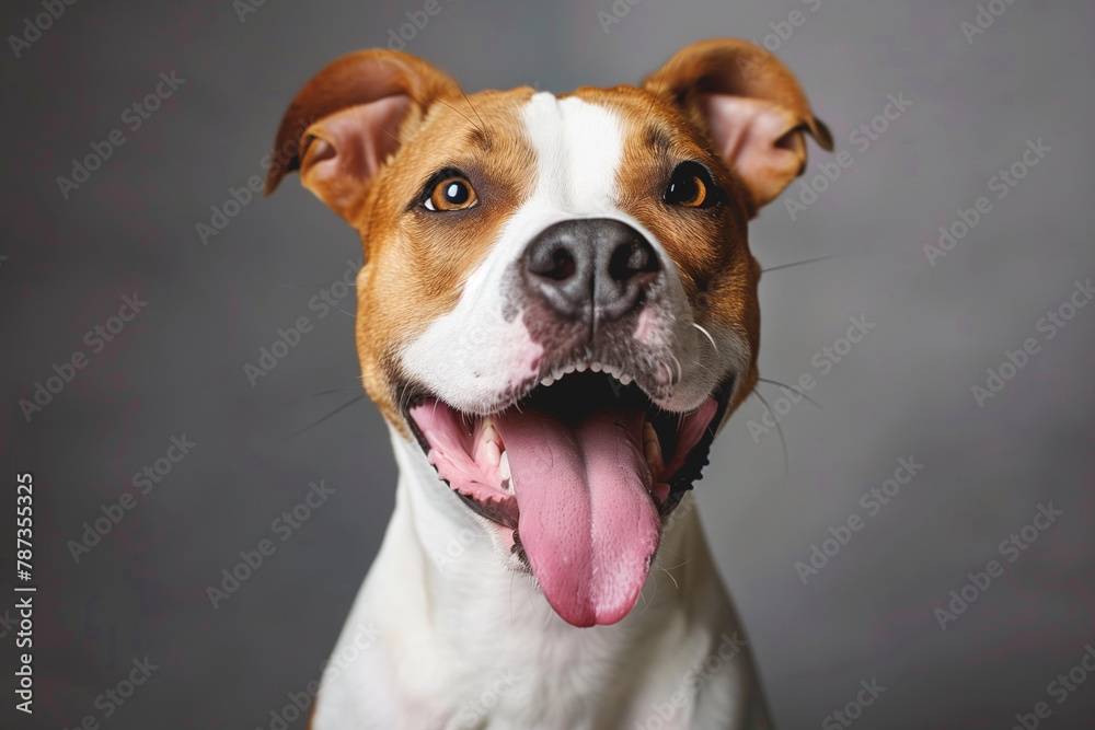 A dog with a tongue sticking out and a big smile on its face. The dog is brown and has a happy expression