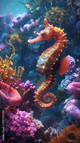 Craft a captivating CG wallpaper showcasing a majestic seahorse gracefully navigating through vibrant coral reefs © Sataporn