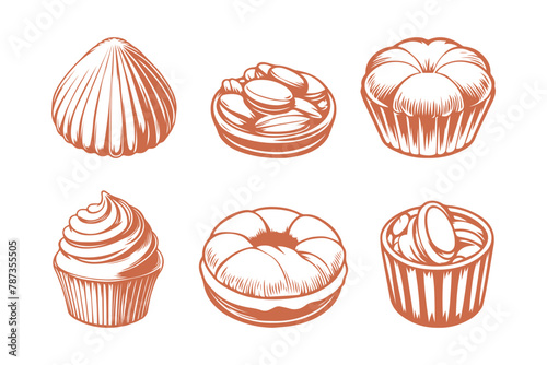 A set of french cake desserts cuisine, food, hand drawn sketch vector illustration