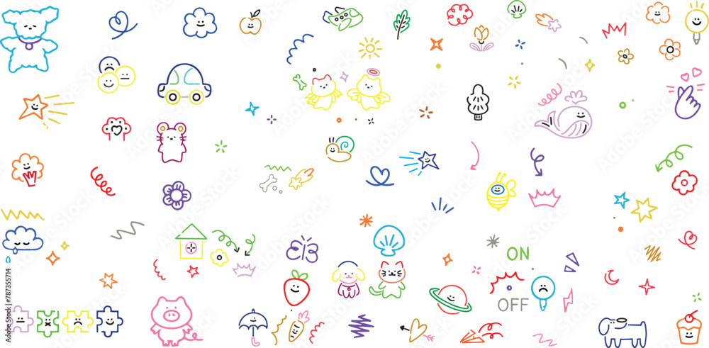 Cute kid scribble line flower, heart. rainbow background. Hand drawn doodle sketch childish element set. Flower, heart, cloud children draw style design elements background