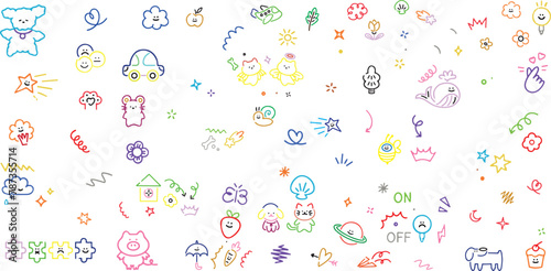 Cute kid scribble line flower, heart. rainbow background. Hand drawn doodle sketch childish element set. Flower, heart, cloud children draw style design elements background