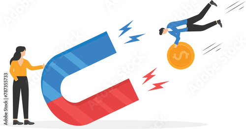 Customer attraction marketing strategy, social media audience, generating new digital leads advertising concept, businesswoman attract money cash and new customer with big magnet

