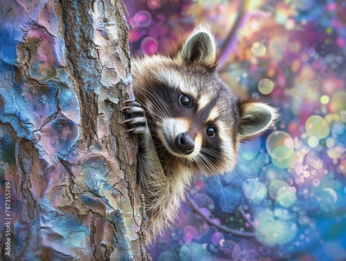 Craft a photorealistic panoramic wallpaper featuring a sly raccoon delicately peeking out from behind a detailed, textured acrylic tree trunk against a vibrant, dreamy digital background