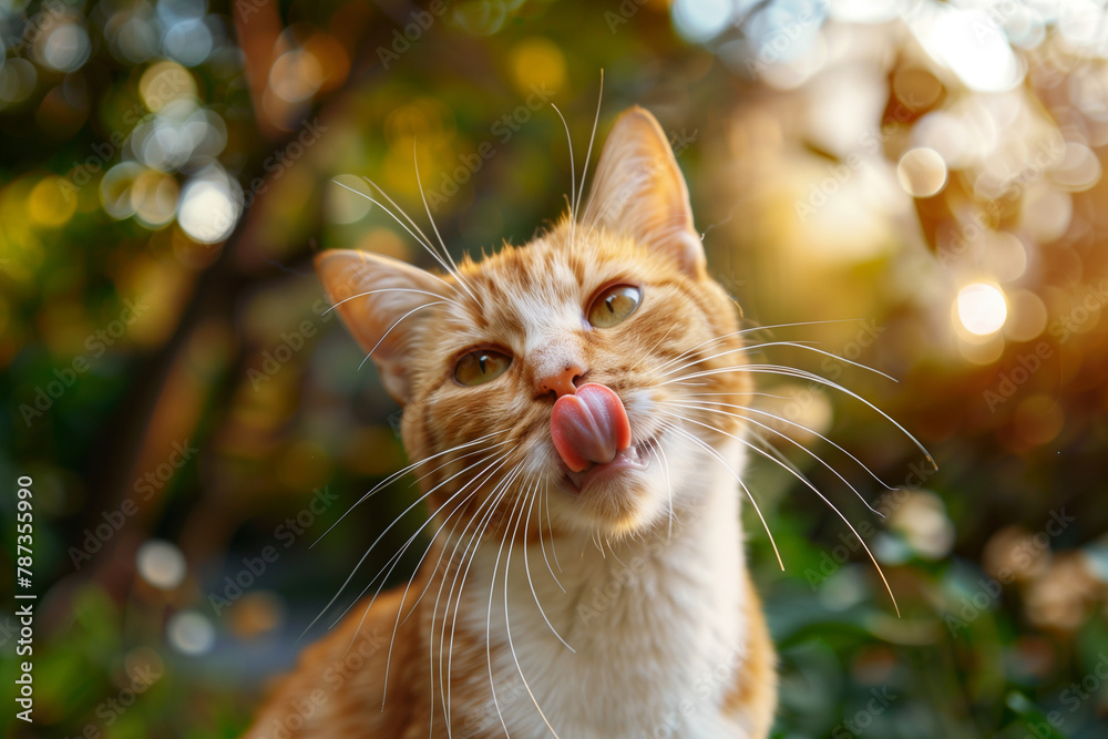 A cat is licking its face and looking up at the camera. The cat is orange and white in color - obrazy, fototapety, plakaty 