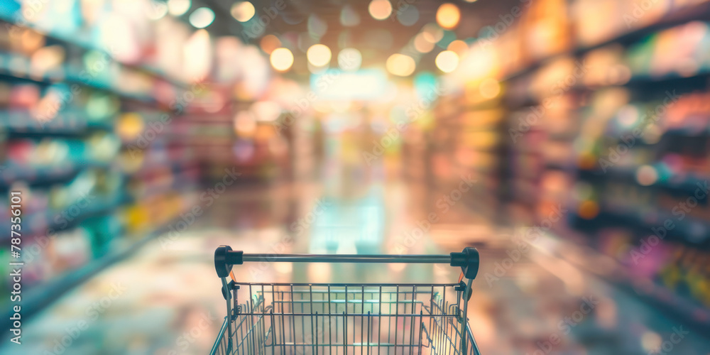 Abstract blurred photo of store with trolley in department store bokeh background. - obrazy, fototapety, plakaty 