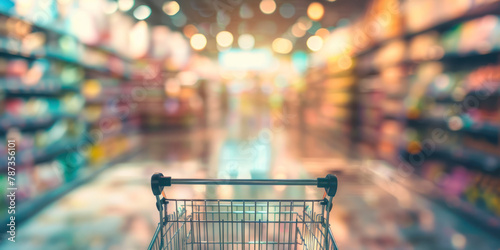 Abstract blurred photo of store with trolley in department store bokeh background.