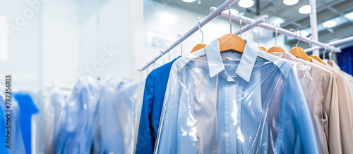 Dry cleaned, clean blue shirts on hangers, on rack in plastic bags. Cleanliness and order in modern dry cleaning background. Concept of professional garment care. Banner. Copy space