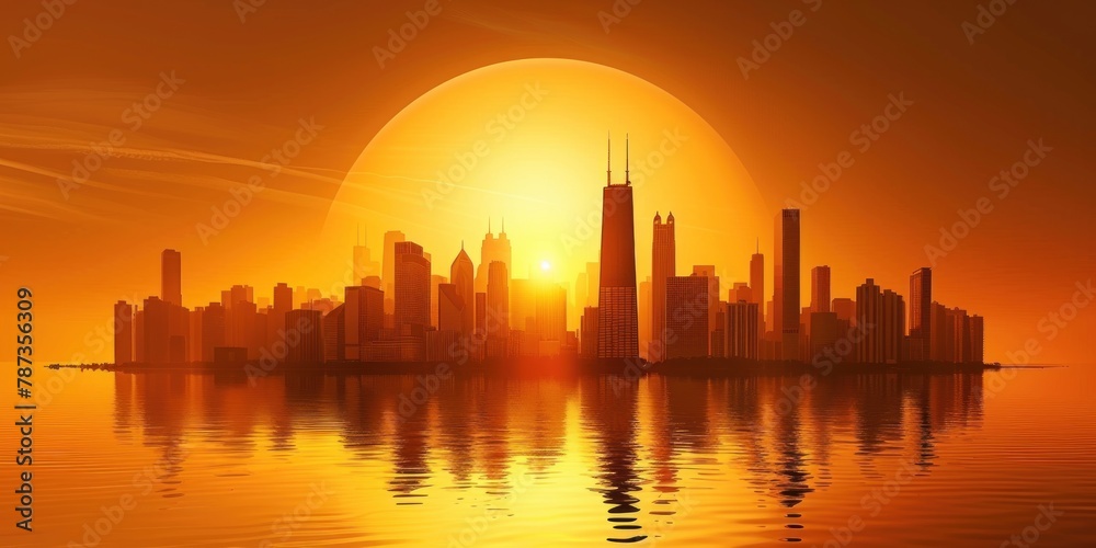 A city skyline with skyscrapers and the partially eclipsed sun in the background.