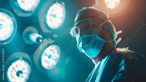 Portrait of a surgeon in the operating room against the background of a lamp the doctor performs an operation the fight against cancer and malignant tumors modern medicine copy space : Generative AI photo