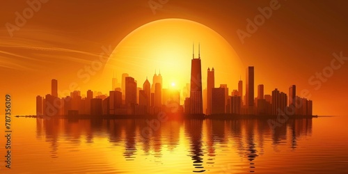 A city skyline with skyscrapers and the partially eclipsed sun in the background.