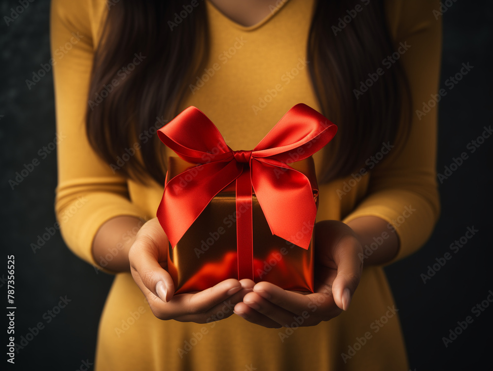 woman in mustard yellow holds gift with red ribbon, generosity concept, birthday, holiday, Christmas, Valentine's Day, anniversary woman in mustard yellow holds gift with red ribbon, generosity concept, birthday, holiday, Christmas, Valentine's Day, anniversary