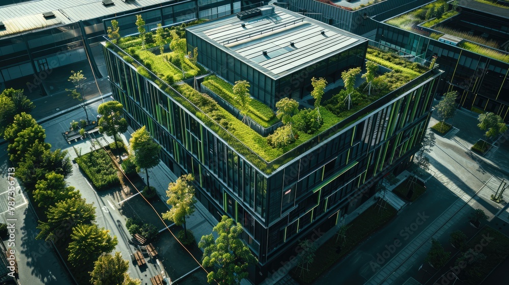 Eco-friendly building in modern factory and industrial zone, drone photography, Ai generated for ads - obrazy, fototapety, plakaty 