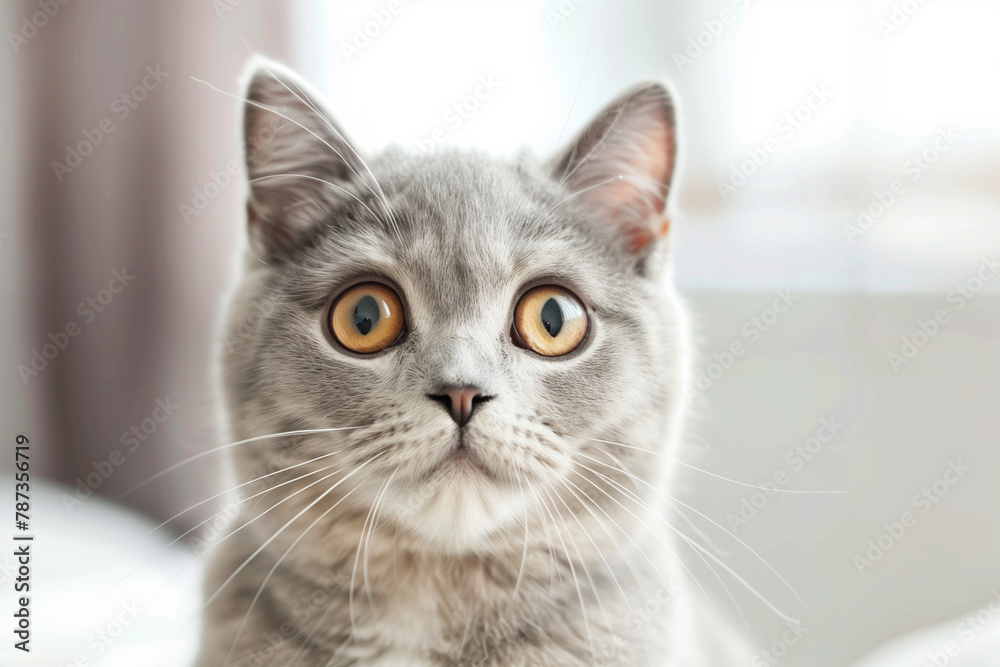 A grey cat with yellow eyes stares at the camera. The cat's eyes are wide open, and it is curious or alert. The cat's fur is long and fluffy, giving it a soft and cuddly appearance A grey cat with yellow eyes stares at the camera. The cat's eyes are wide open, and it is curious or alert. The cat's fur is long and fluffy, giving it a soft and cuddly appearance