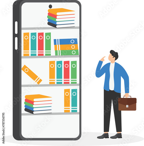 Online reading-Businessman taking books from bookshelf on smartphone screen. Mobile library concept

