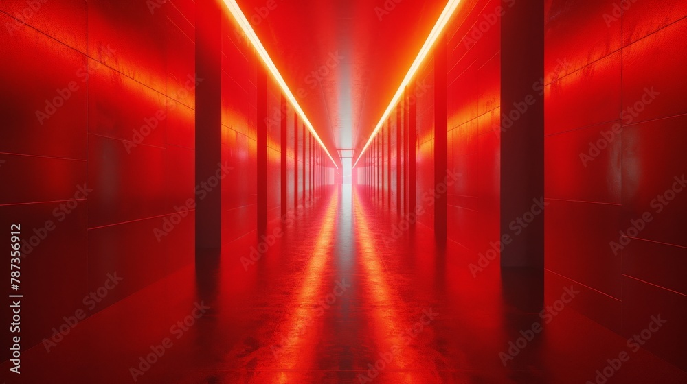 A vibrant red hallway stretching infinitely into the distance, with a single spotlight illuminating the path ahead.3D rendering