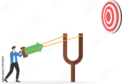 Businessman aiming high target with a big catapult, bullseye target to win in business strategy, Business target achievement and goal concept
