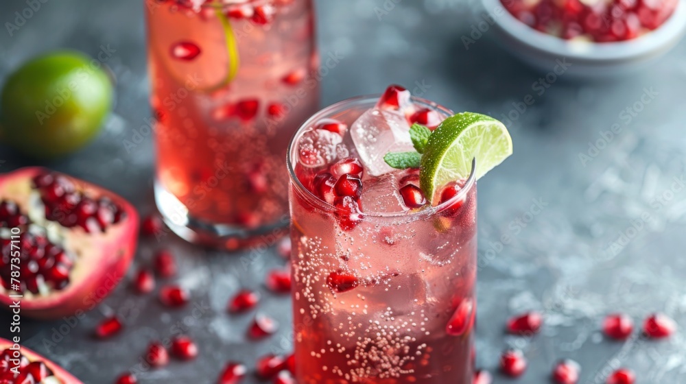 Two Glasses of Pomegranate and Lime on Table Two Glasses of Pomegranate and Lime on Table