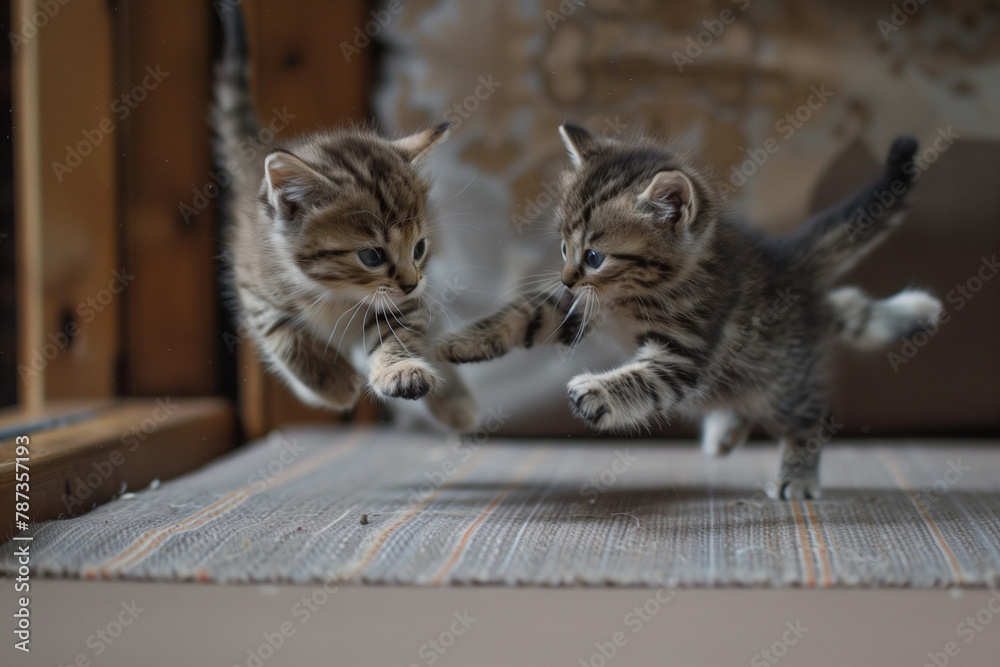 Obraz premium Two kittens playing with each other. One is jumping and the other is running. Scene is playful and energetic