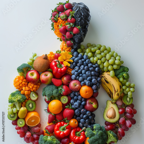 Human made from fruits and vegetables  isolated on white background.