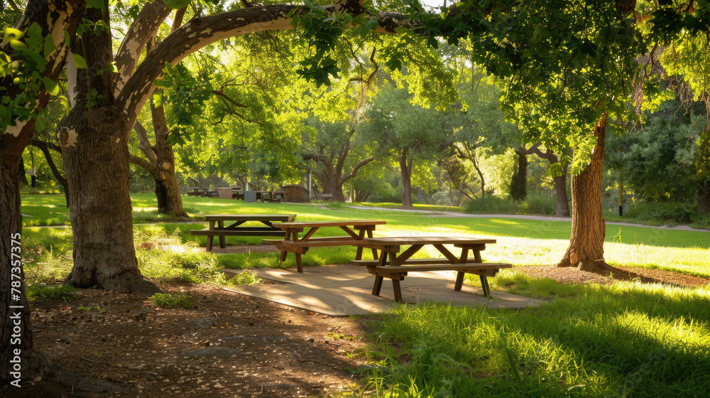 Landscaped picnic area with comfortable benches and trees Landscaped picnic area with comfortable benches and trees