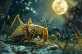 Illustrate the surreal sight of a Mole Cricket in a digital photorealistic rendering, showcasing its intricate movements against the backdrop of a serene, moonlit garden