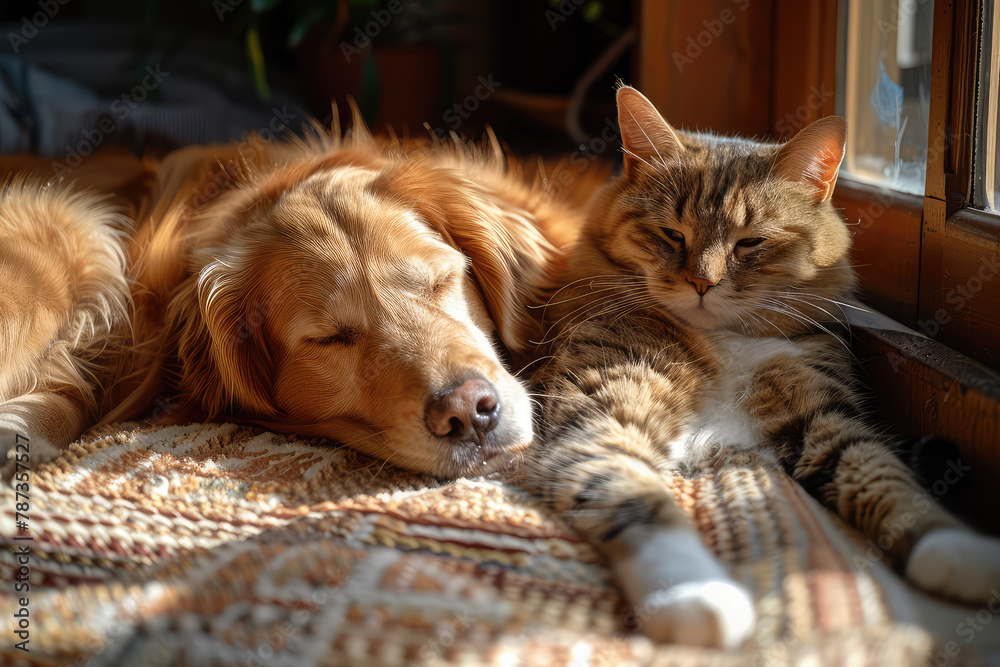 A golden retriever dog and an orange cat cuddle together, sleeping on the couch. Created with Ai