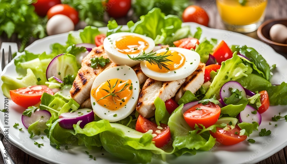 Fresh vegetable salad with chicken breast and eggs.
Fresh vegetable salad with chicken breast and eggs.