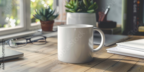 White mug mockup, modern workspace with laptop, notebooks, eyeglasses and succulent plant.