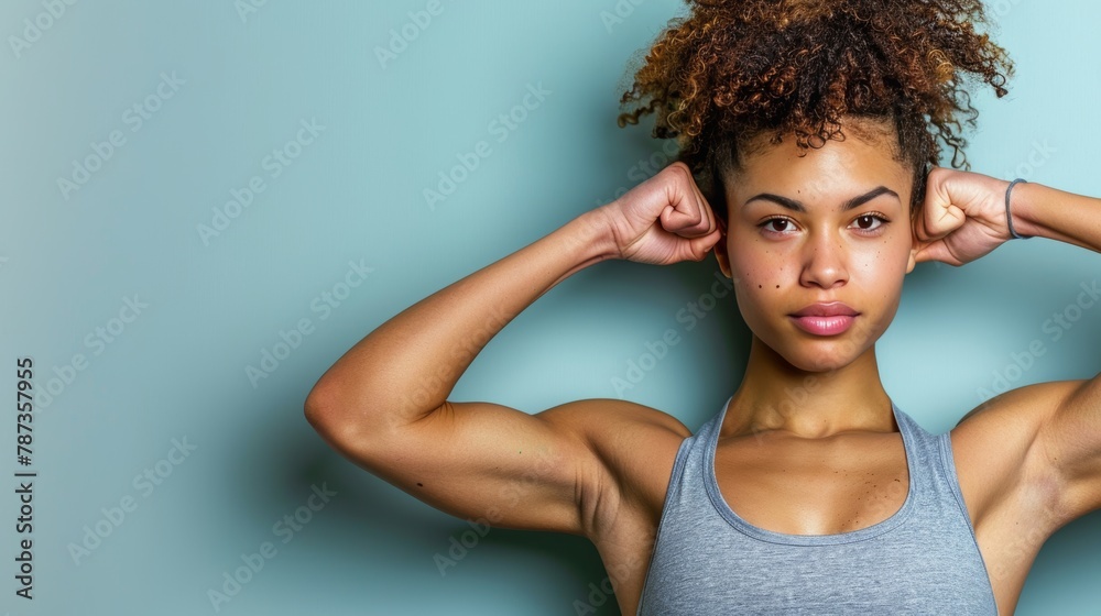 Confident young american woman showing muscles on solid color background with copy space Confident young american woman showing muscles on solid color background with copy space