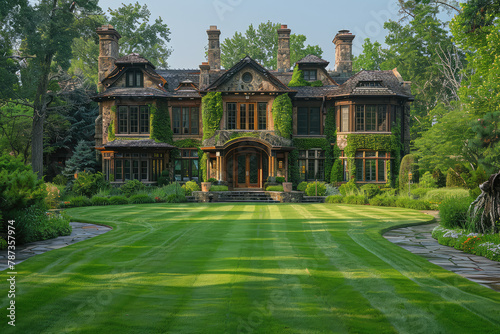 An ultra realistic photo of the exterior front view of an old world style mansion with stone and large windows, large circular driveway surrounded by hedges. Created with Ai