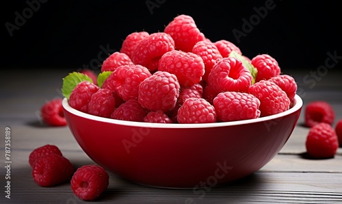 Red raspberries in bowl on grey wooden table