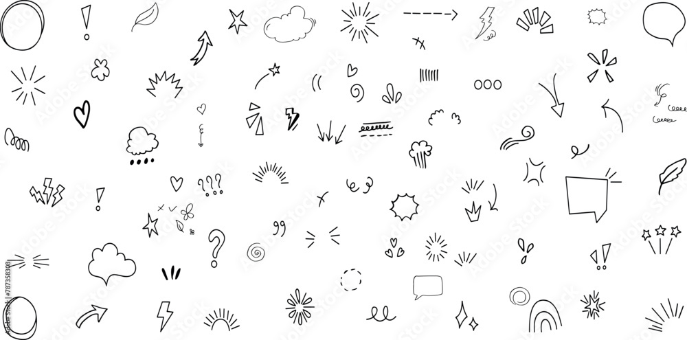 Sketch line arrow element, star, heart shape. Hand drawn doodle sketch style circle, cloud speech bubble grunge element set. Arrow, star, heart brush decoration.