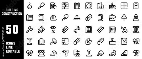 50 Building Construction Icons Set Line Editable Vector Illustration