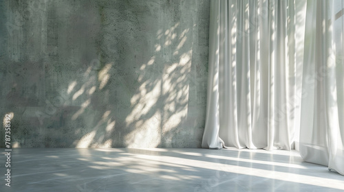 An abstract and refined backdrop for product display featuring a light grey background  with the delicate interplay of light and shadow from window curtains casting a soft and artistic effect 