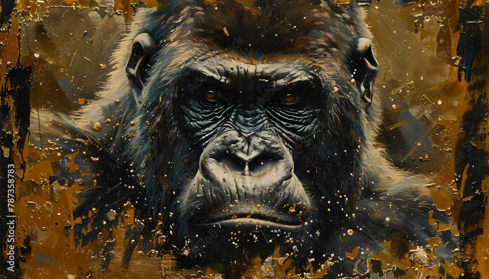 A painting of an angry primate with wrinkled snout in a jungle setting