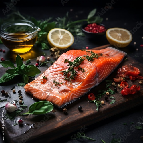 Salmon fillets with herbs and spices on a dark background