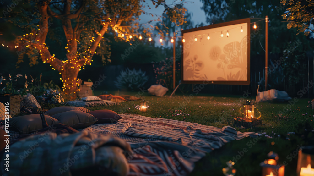 Outdoor cinema for summer evenings. Backyard with lights