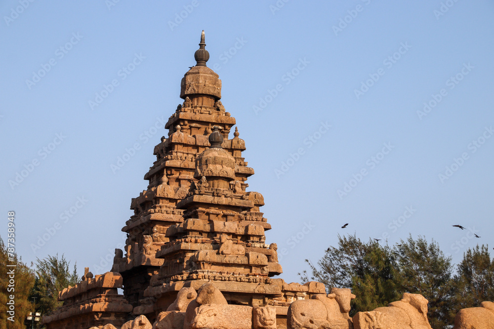 Ancient rock cut temple towers in south Indian city near Chennai