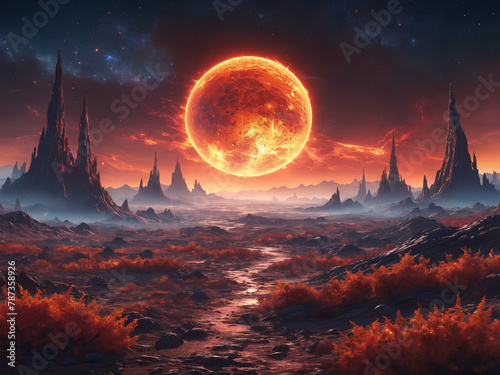 A desert alien landscape with a red moon or sun in the center.