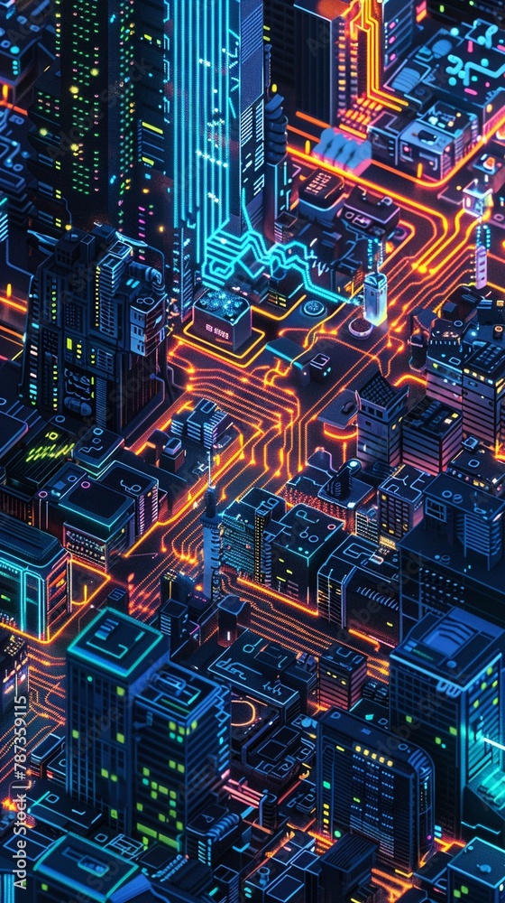 Transform the Electronic Circuit into a visually captivating pixel art masterpiece, showcasing the beauty and complexity of technology and data visualization