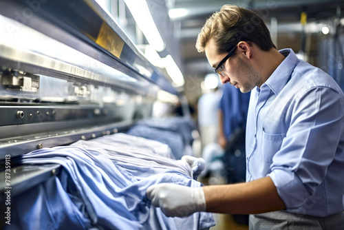 Male staff, professional employee in lab coat and gloves meticulously checks dry cleaning, laundry quality on automated line. Concept of expert garment examination, efficiency dry cleaning process