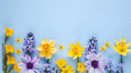 Flowers composition Yellow and purple flowers on pastel blue background Spring easter concept Flat lay top view copy space : Generative AI
