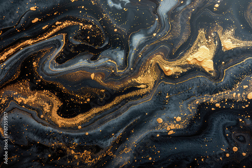 Abstract fluid marble swirls with golden glitter on a dark blue background. Created with Ai