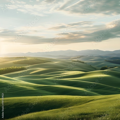 Vibrant green rolling hills bathed in soft  golden sunlight  creating a peaceful and serene landscape.